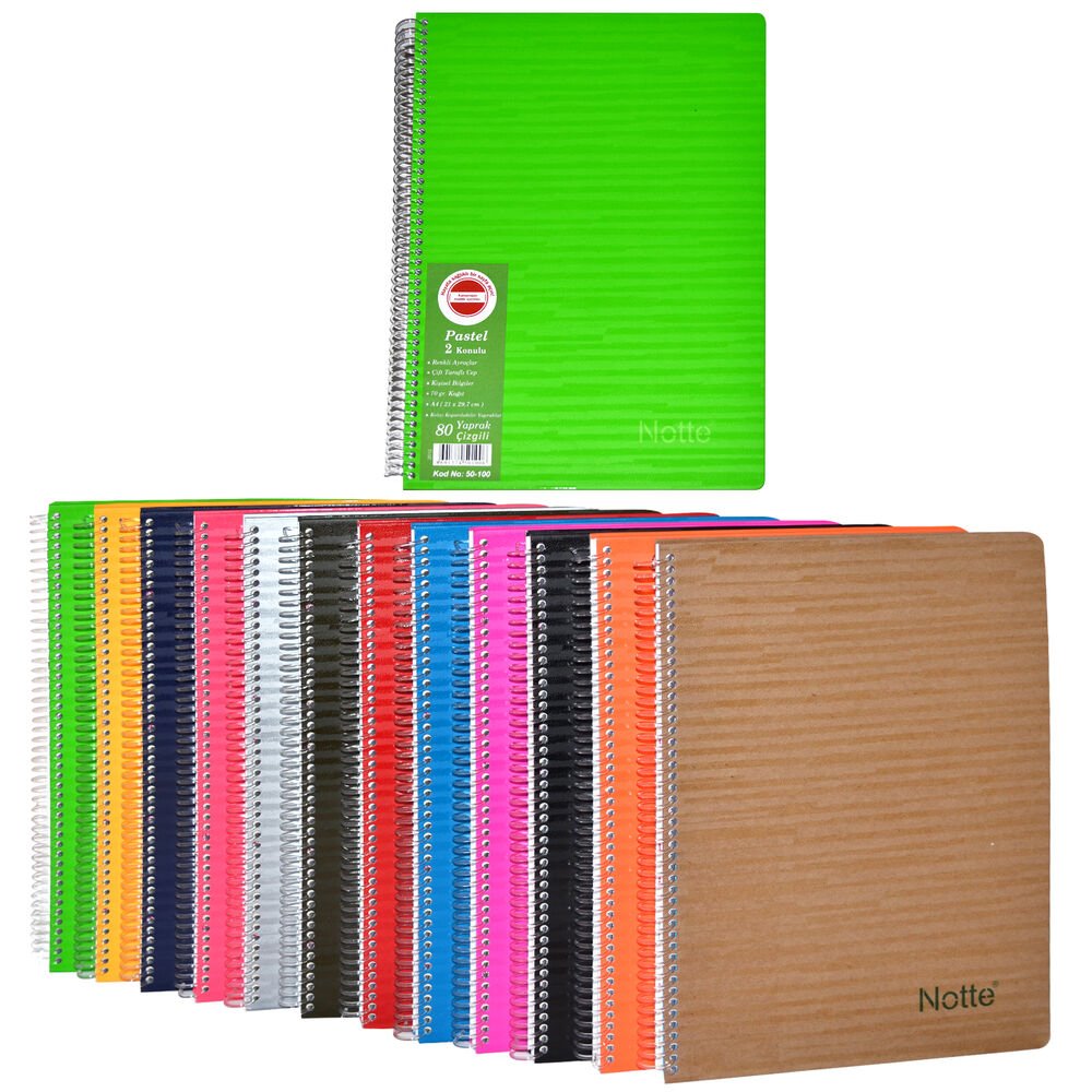 Notte Pastel A4 Spiralli Sert Kapak 2 Konulu 80 yp Çizgili