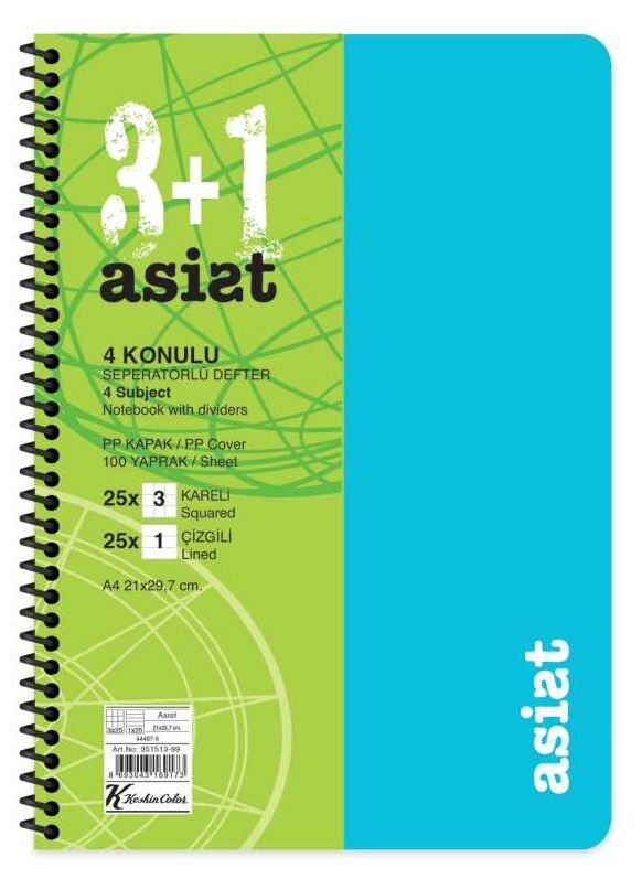 Asist A4 Spiralli Seperatörlü PP Kapak 100 yp 3 Bölüm Kareli + 1 Bölüm Çizgili