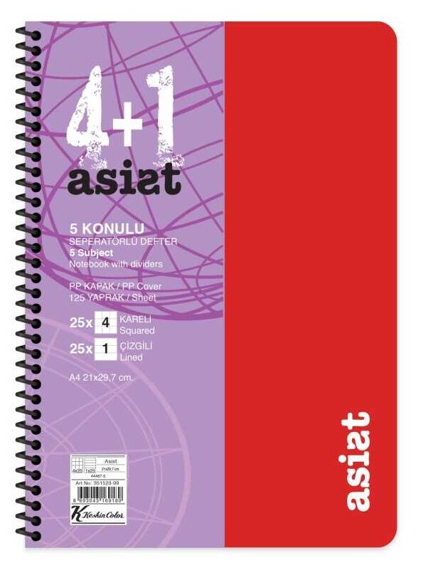 Asist A4 Spiralli Seperatörlü PP Kapak 125 yp 4 Bölüm Kareli + 1 Bölüm Çizgili