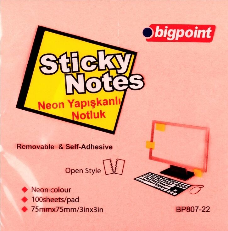 Bigpoint Yapışkanlı Not Kağıdı 75x75mm Neon Pembe